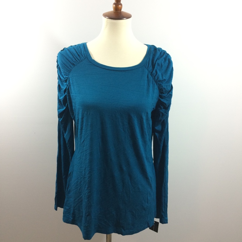NEW INC Teal  Rayon Top Shirred Long Sleeves Large